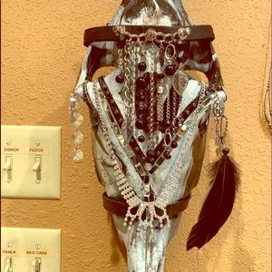 Blinged Skull, leather embellishments, feathers